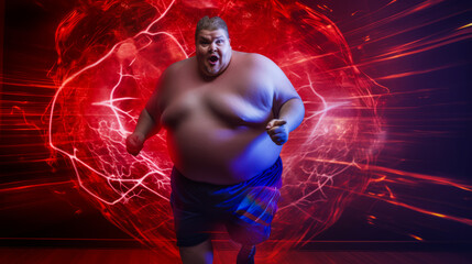 Obese man running with healthy heart and arteries visualization