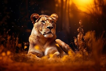 fearless lioness in the African savanna - obrazy, fototapety, plakaty
