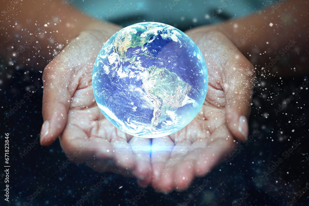 Poster Hands, world and hologram with a person using a ux interface to access the metaverse of global data. Future, overlay and 3d globe in the hand for an ai information technology search of the internet