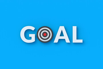 Word goal and bullseyes. Concept of achieving sports goals. Business achievements. Fulfillment of assigned tasks. Successful strategy. Leader experience. Problem solving. 3d render
