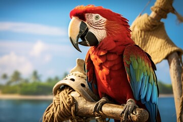 Parrot perched on hat on anchor by beach. Generative AI
