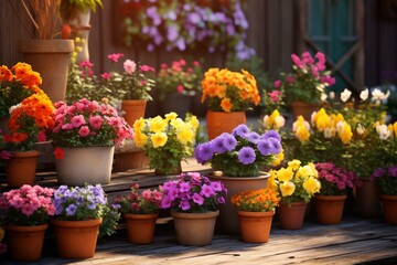 Fototapeta na wymiar vibrant pots of blooming spring flowers. Generative AI