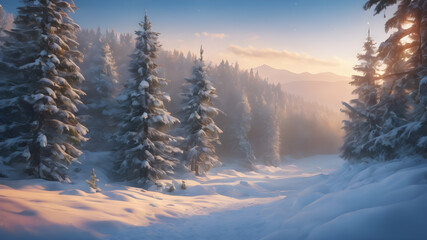 winter forest in the morning, nature illustration, winter landscape with snow covered trees, sunrise in the mountains