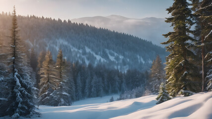 Obraz premium winter forest in the morning, nature illustration, winter landscape with snow covered trees, sunrise in the mountains