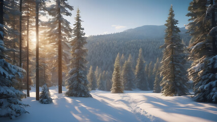 winter forest in the morning, nature illustration, winter landscape with snow covered trees, sunrise in the mountains