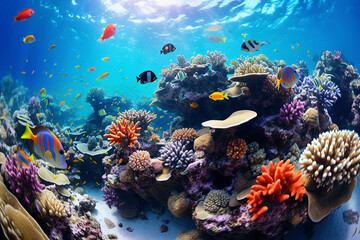 Fototapeta na wymiar beautiful underwater scenery with various types of fish and coral reefs
