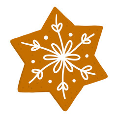 Cookies gingerbread in shape of star and snowflake with sugar glazed in a cartoon style. Festive sweet cookies on white background. Homemade dessert. Vector illustration