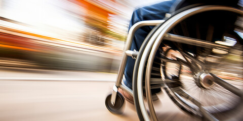 Wheelchair in motion blur, symbolizing speed and disability.
