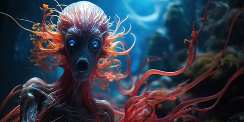 A captivating portrait showcases an aquatic alien, with flowing tendrils and bioluminescent markings, swimming gracefully through a vibrant coral reef - obrazy, fototapety, plakaty