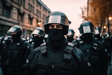 Police in helmets and protective uniform in the street - obrazy, fototapety, plakaty