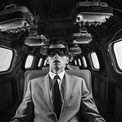 Trapped in a surreal dimension, businessmen experience an ominous atmosphere reminiscent of old Hollywood horror films from the 1950s, presented in classic black and white.