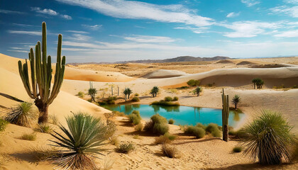 Desert Oasis with Cacti and Dunes