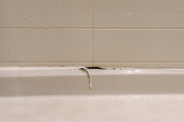 white shower stall with peeling caulking and mold growing underneath in a bathroom for unhealthy...