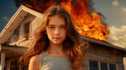 Smiling little girl and burning house - revenge or envy concept - obrazy, fototapety, plakaty