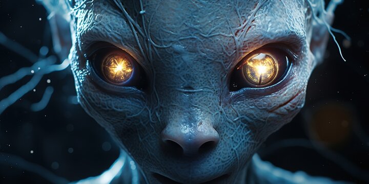 The mesmerizing eyes of an alien creature are captured in vivid detail, each iris a swirling galaxy of colors, with depth and mystery suggesting intelligence beyond comprehension