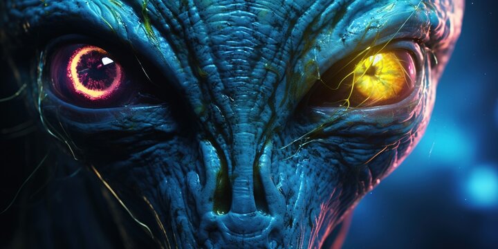 The mesmerizing eyes of an alien creature are captured in vivid detail, each iris a swirling galaxy of colors, with depth and mystery suggesting intelligence beyond comprehension