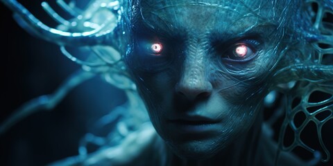 A highly detailed close-up portrait of an alien creature, with translucent skin revealing a complex network of pulsating bioluminescent veins and intricate eyes that hold a galaxy within