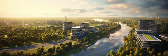 Aerial view of an office park, multiple low-rise buildings surrounded by greenery, parking lots,...