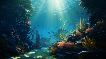 Fototapeta na wymiar An immersive underwater scene featuring photorealistic Damselfish, in a lively coral ecosystem, varying depth-of-field, magical ambient lighting