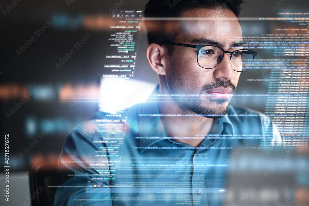 Poster Programmer, coding and man with focus, hologram and data analytics with cyber security, futuristic and stock market. Male person, coder or programming with innovation, research or finance information