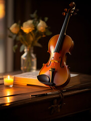 Classical violin resting on an antique wooden table, sheet music in the background, shallow depth of field