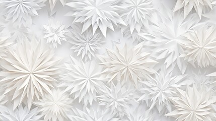 A delicately embossed snowflake pattern graces the surface of white paper, adding an exquisite touch to its texture and structure. SEAMLESS PATTERN. SEAMLESS WALLPAPER.