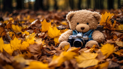 Teddy bear in autumn background generative ai