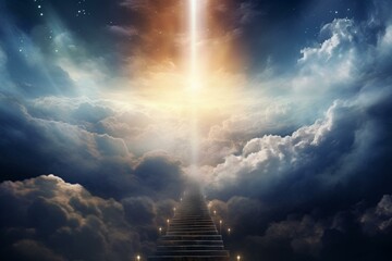 Light above dark sky. Spiritual ascent to heavens. Path to success in faith. Generative AI