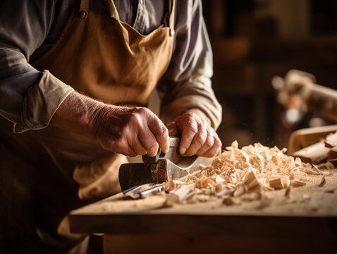 Carpentry Workshop: Close-up shot of carpenter's hands skillfully chiseling a piece of oak wood, shavings flying, well-lit workspace, backdrop of woodworking tools hanging neatly