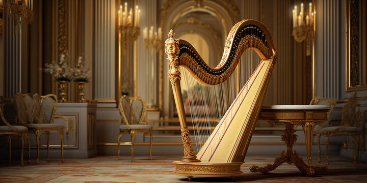 Classic harp in an opulent room, marble floors, decorative wall, ornate engravings