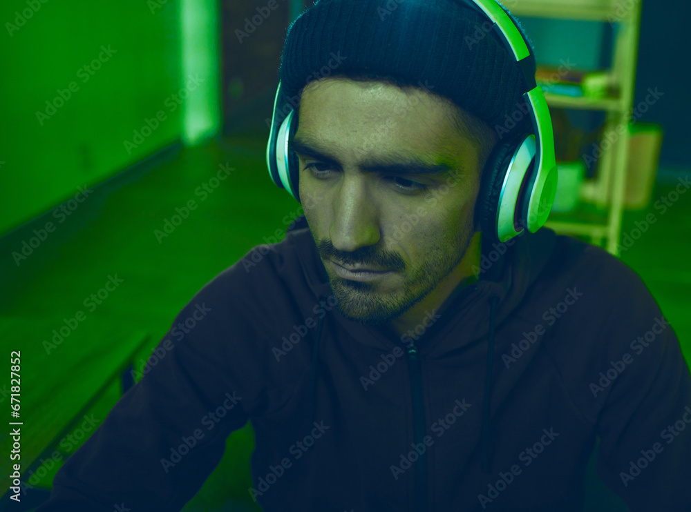 Aufkleber Headphones, man or hacker programming or coding for cybersecurity, online crime or cyber attack. Neon, big data or programmer reading software info for hacking or streaming radio on dark web at night