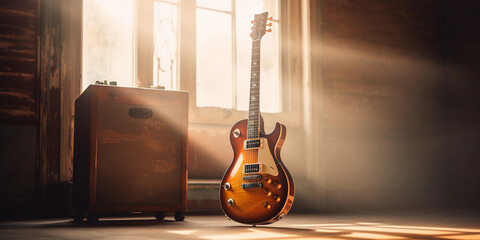 lectric guitar leaning against an amplifier, worn out sunburst finish, wooden floor, visible guitar...