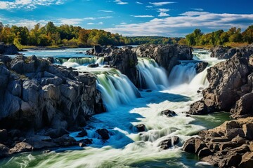 magnificent cascade along Potomac river. Generative AI - obrazy, fototapety, plakaty