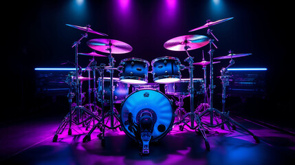 Jazz drum set under neon blue and purple lights, cymbals shimmering, Remo drumheads, stage setup