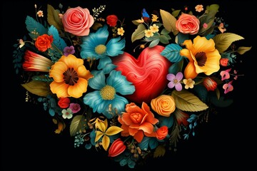 Vibrant heart adorned with blooming flowers. Generative AI