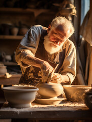 Master Potter: Elderly craftsman at a potter's wheel, spinning a clay vase with years of expertise, rustic studio, ambient soft light