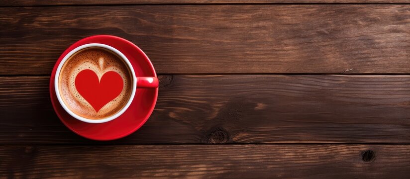 Top down view of a heart shaped coffee cup on a wooden table with a red background