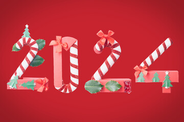 Happy New Year 2024. Number made of a candy cane, presents, leaves, gift boxes and Christmas...