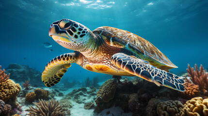 Obraz na płótnie Canvas green sea turtle, gracefully swimming among coral reefs, dappled sunlight, piercing blue water