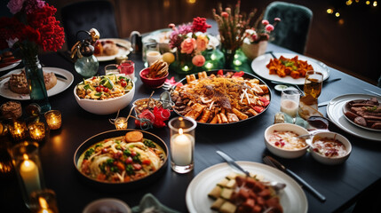 Naklejka na ściany i meble An overhead shot of a dining table brimming with New Year's specialties, Happy New Year dinner, blurred background, with copy space