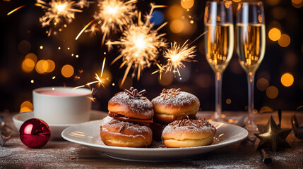 A selection of desserts with sparklers for a festive end to the meal, Happy New Year dinner, blurred background, with copy space