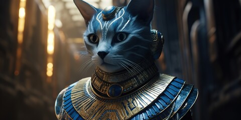 Close-up of a feline-like alien with radiant blue fur and large, almond-shaped golden eyes, wearing an ancient Egyptian beaded collar and headdress, against hieroglyph-etched walls