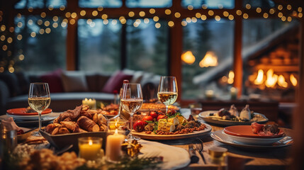 A rustic New Year's Eve dinner in a cabin setting with homemade dishes and warm lighting, Happy New Year dinner, blurred background, with copy space - obrazy, fototapety, plakaty