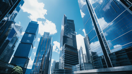 Fototapeta na wymiar Twin glass skyscraper office buildings, connected by a skybridge, bright midday sun, deep blue sky, Singapore