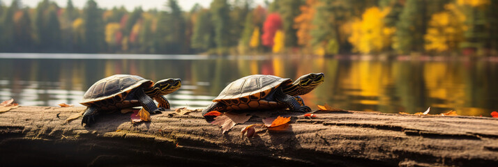 pair of painted turtles, sunbathing on a log, rippling lake in background, fall colors - obrazy, fototapety, plakaty