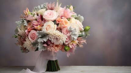 Obraz premium a wedding bouquet set against a light background, perfect for adding text or an invitation, emphasizing the elegance and romance of the occasion.
