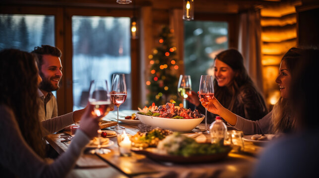 A rustic New Year's Eve dinner in a cabin setting with homemade dishes and warm lighting, Happy New Year dinner, blurred background, with copy space