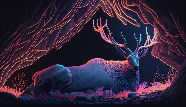 AI Generated Elk long horns with lying down in the cave neon illustration