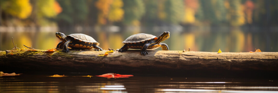 pair of painted turtles, sunbathing on a log, rippling lake in background, fall colors