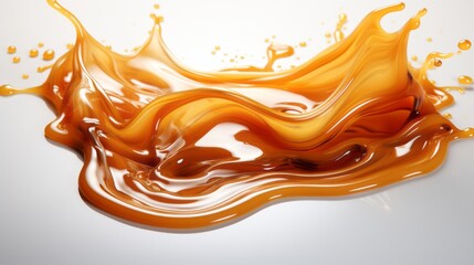 Liquid sweet melted caramel, delicious caramel sauce or maple syrup swirl 3D splash.